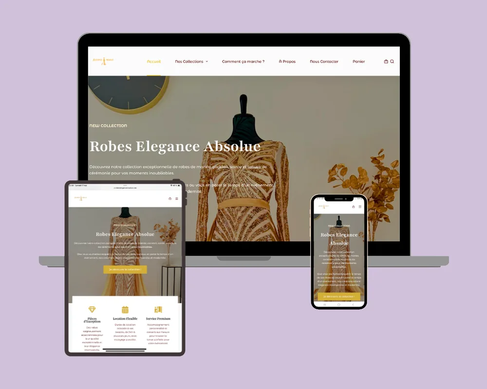 Le site Élégance Absolue affiché sur ordinateur, tablette et téléphone