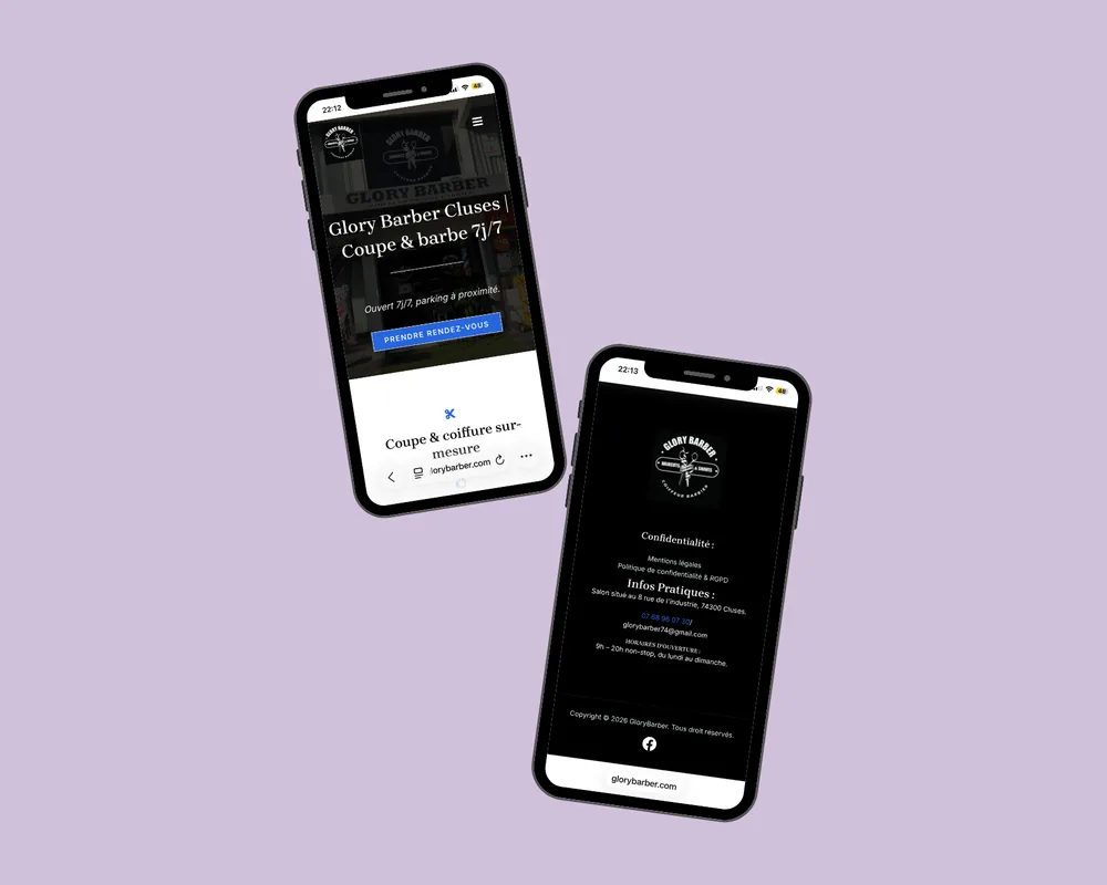 Le site GloryBarber sur téléphone : page d’accueil et informations pratiques