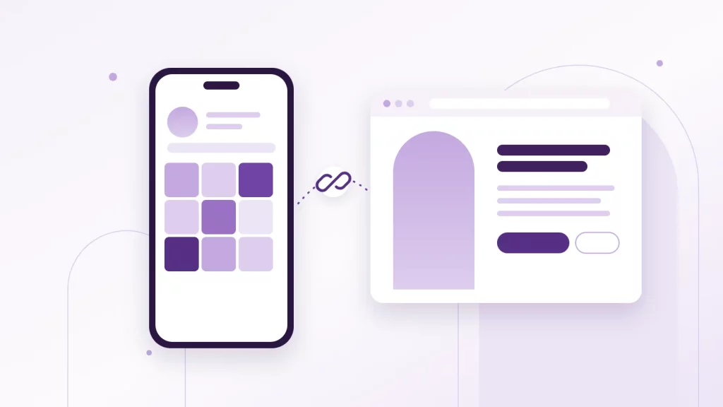 Illustration : un téléphone affichant une grille de publications, relié par un lien à une page de site internet
