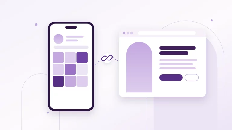 Illustration : un téléphone affichant une grille de publications, relié par un lien à une page de site internet
