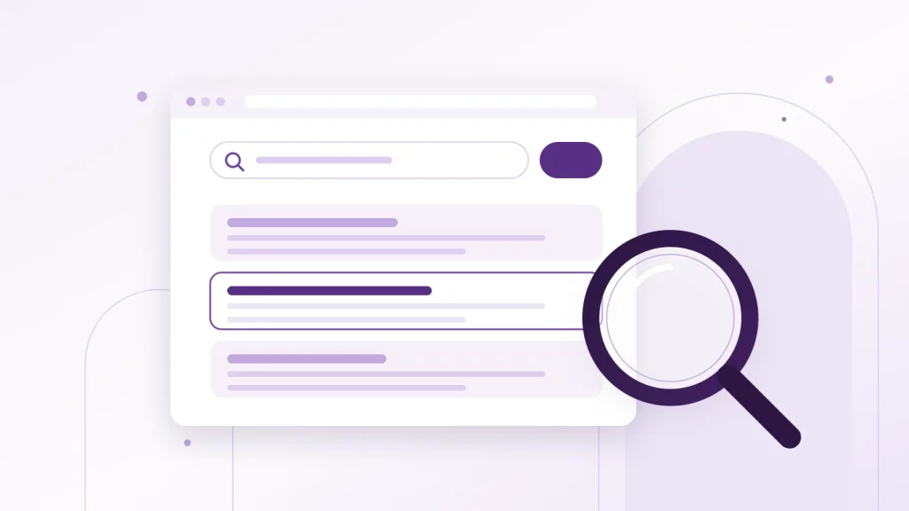 Illustration : une page de résultats de recherche avec un résultat mis en avant, sous une grande loupe violette