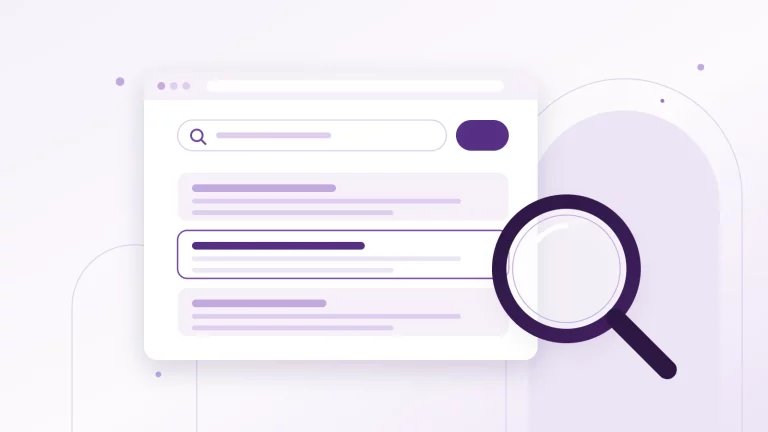 Illustration : une page de résultats de recherche avec un résultat mis en avant, sous une grande loupe violette