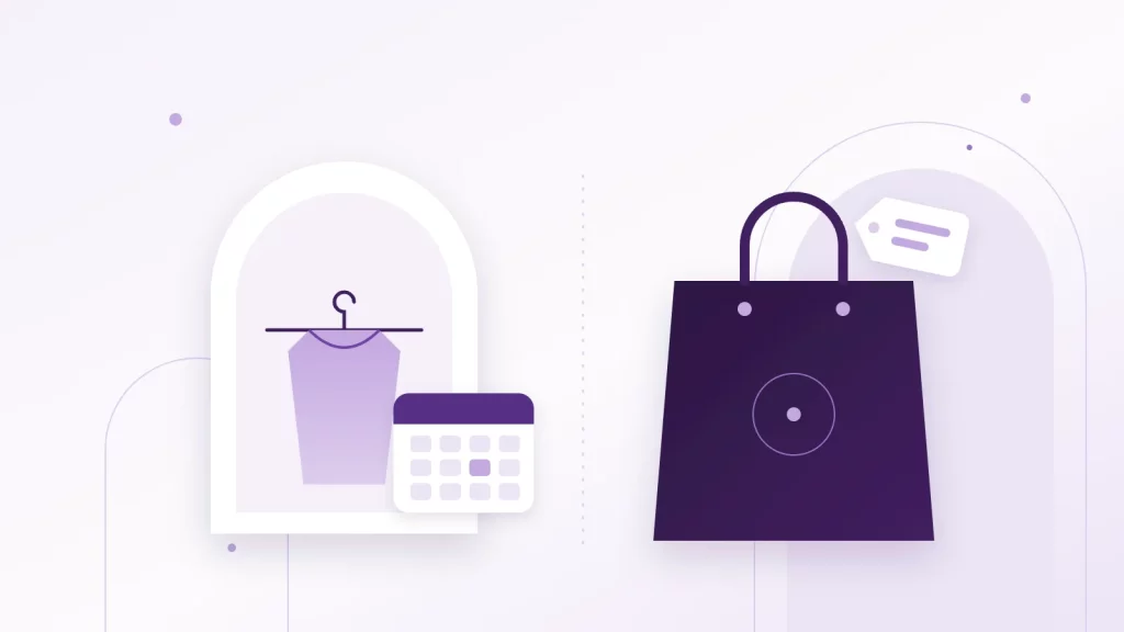 Illustration : une vitrine en forme d’arche avec un vêtement et un calendrier, à côté d’un sac de boutique violet